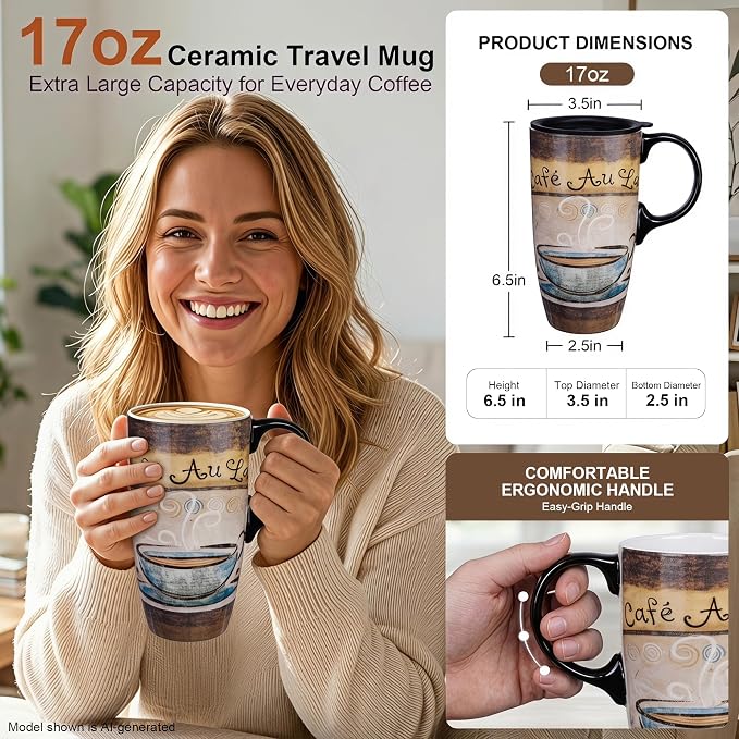 Topadorn 17oz Ceramic Travel Mug with Lid, French Café Coffee Mug with Handle, Vintage Latte Cup for Coffee Tea Cocoa, Microwave & Dishwasher Safe, Gift Box Included - Image 2