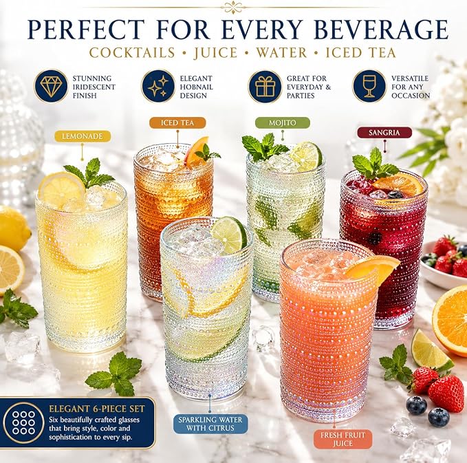 Hobnail Beaded Highball Drinking Tumbler Glasses | Set of 6 | Iridescent Pearl Vintage Bubble Design Glassware, Old-Fashioned, Embossed Design, Water, Wine, Cocktail Embossed Heavy Glass, Rocks Glass - Image 4