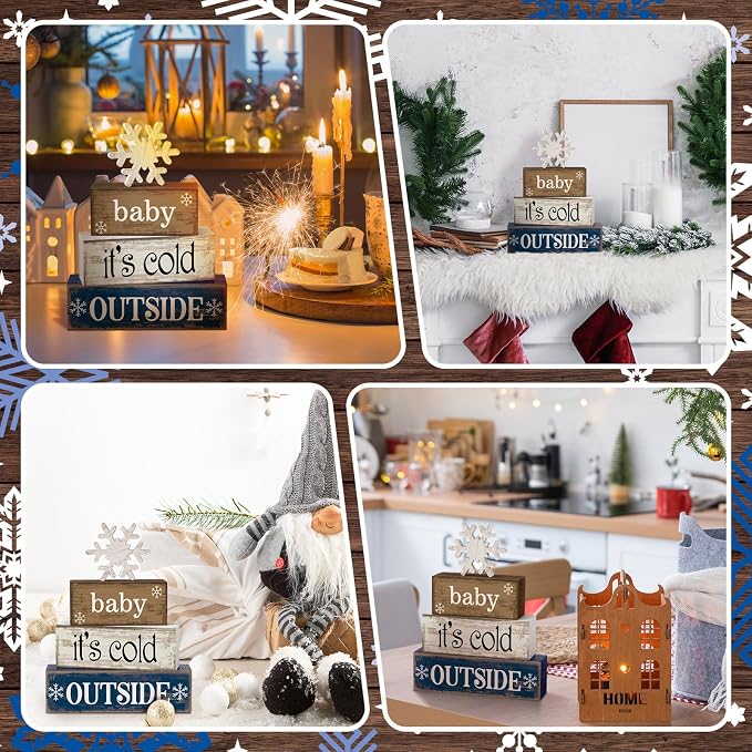 Moucuny 4 Pcs Christmas Table Decoration Winter Wooden Stacked Block, Baby It's Cold Outside Signs with Snowflake Topper, Rustic Christmas Tiered Tray Decor Snowflake Decor for Home Office Shelf - Image 5