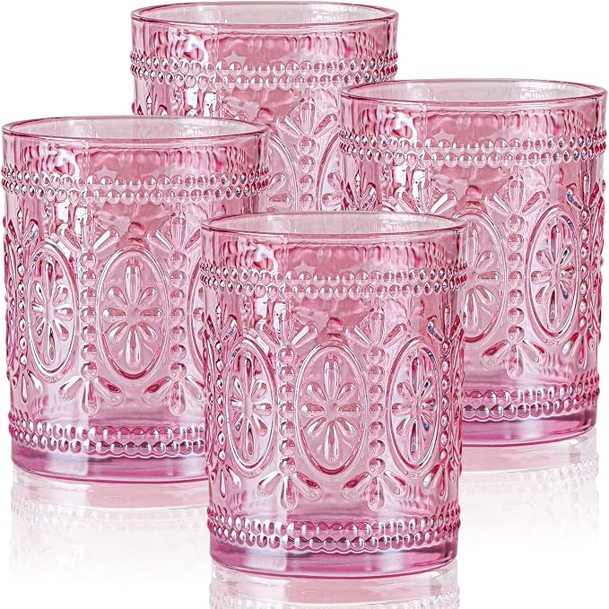 abrwyy Pink Glassware set of 4, Vintage Drinking Glasses, 10oz Pink Heavy Duty Glass Cups, Old Fashioned Glass, Embossed Glasses Set for Party Wedding Home Office Glassesware Gift by abrwyy