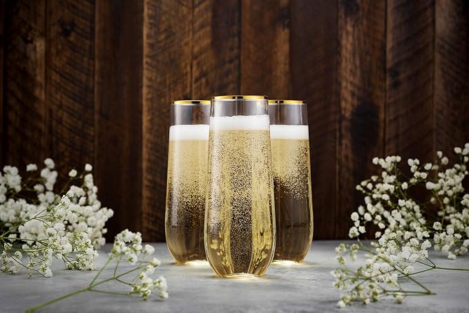 Munfix 48 Pack Stemless Plastic Champagne Flutes Disposable 9 Oz Gold Rim Clear Plastic Toasting Glasses Shatterproof Recyclable and BPA-Free - Image 4