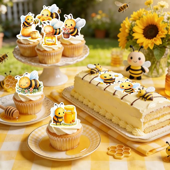 72 PCS Edible Bumble Bee Cupcake Toppers Wafer Paper Oh Babee Cake Decorations for Bee Theme Baby Shower Kids Boys Girls Birthday Cake Party Decoration - Image 5