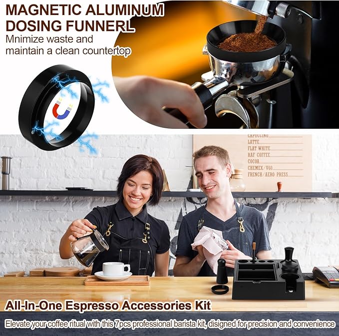7Pcs 53mm Espresso Accessories Kit Espresso Tamping Station Spring Loaded Calibrated Tamper Tool and Dosing Funnel Set Coffee Distributor and Tamper Leveler Fits 53mm Machines
