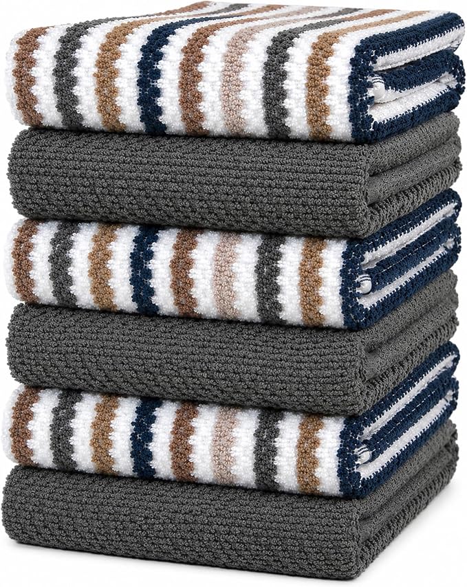 Bumble Kitchen Towels 6 Pack 100% Cotton 16"x26" - Grey Wide Stripe | 430 GSM Soft Kitchen Hand Towels with Hanging Loop, Highly Absorbent & Durable for Washing and Drying Dishes by BumbleTowels