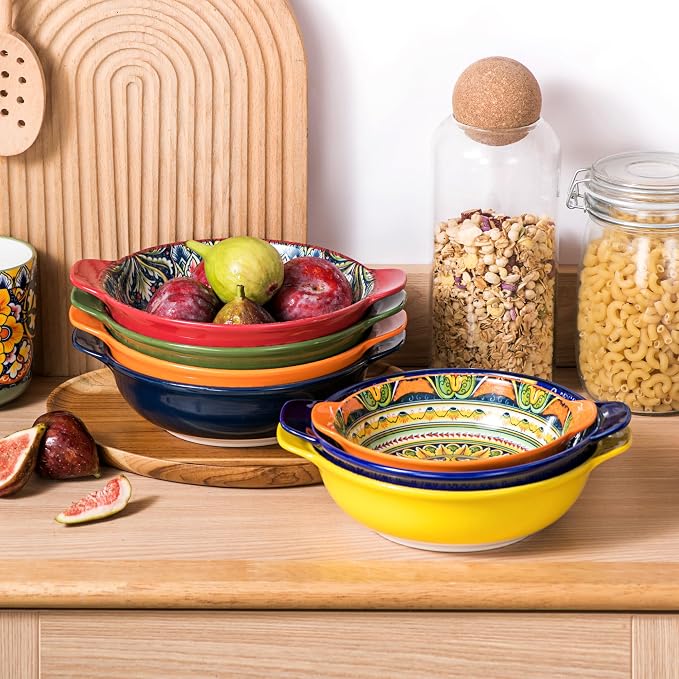 Henten Home Ceramic Pasta Bowls with Handle, Boho Salad Bowl Set of 6 | 25 oz for Cereal, Soup, Serving, Large Colorful Shallow Design, Microwave & Dishwasher Safe - Image 7