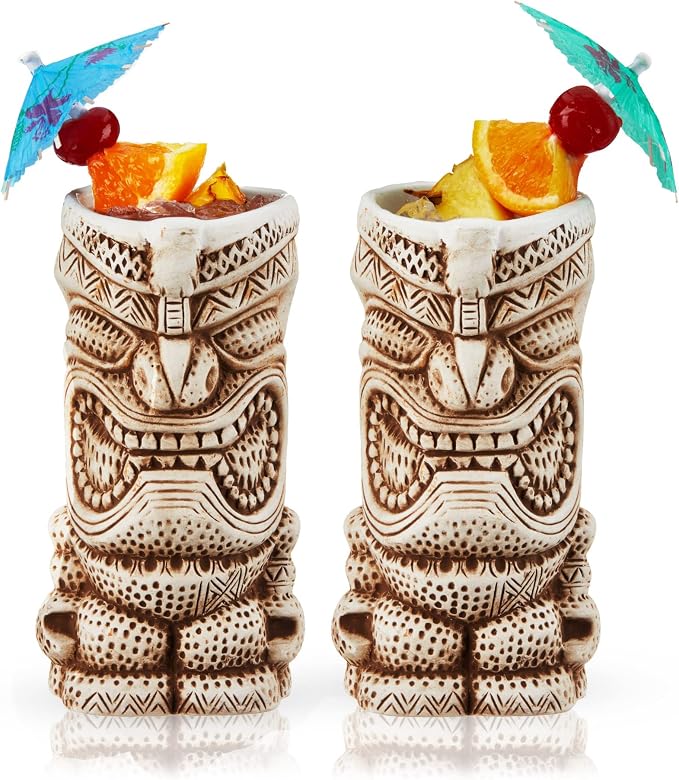 Viski High Tide Tiki Mugs - Hand Painted Ceramic Tiki Glasses for Cocktails - Tiki Barware 14.5oz Highballs Set of 2 White - Image 7