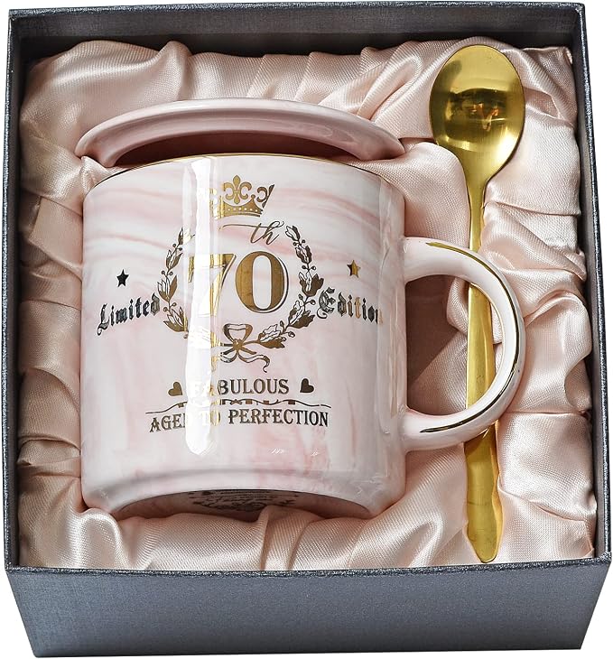 70th Birthday Gifts for Women - Aged to Perfection Coffee Mug - Unique Birthday Present for Grandma Mum Wife Girl Friend Sister - Pink Marble Mug for Coffee Lovers 14Oz Tea Cup Gift Boxed | Unique Birthday Present for Grandma Mum Wife Girl Friend Siste... by Biching