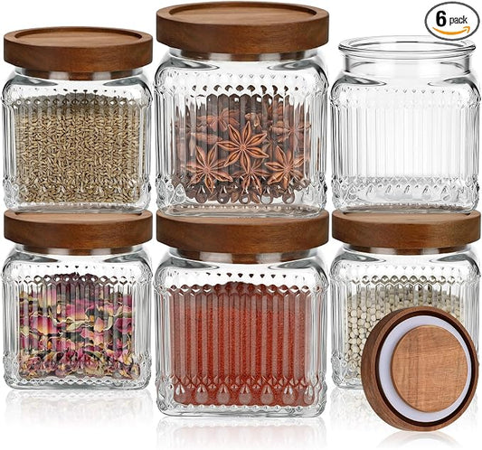 6 Pcs Vintage Glass Storage Jar with Lid 17 oz Glass Containers Stylish Ribbed Pattern Airtight Kitchen Jars Candy Jar for Food Cookies Candy Coffee Tea Beans Grains Storage by Ferrochef