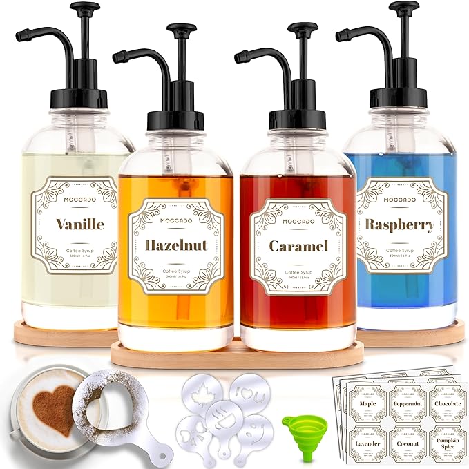 Glass Coffee Syrup Dispenser for Coffee Bar - Set of 4 Black 16.9 oz / 500 ml Glass Syrup Bottles, Includes 2 Bamboo Trays, 16 Stencils, Labels, Syrups Pumps