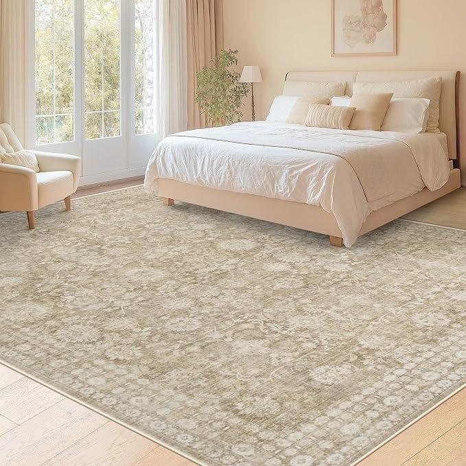 8x10 Area Rugs for Living Room: Washable Large Vintage Floral Rug Low Pile Non-Slip Boho Carpet for Bedroom Home Office Dining Room (Brown, 8'x10') - Image 2
