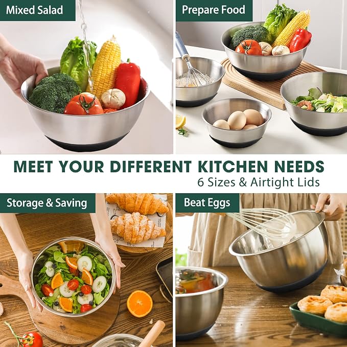 Umite Chef Mixing Bowls with Airtight Lids，6 piece Stainless Steel Metal Nesting Storage Bowls, Non-Slip Bottoms Size 7, 3.5, 2.5, 2.0,1.5, 1QT, Great for Mixing & Serving(Black) - Image 2