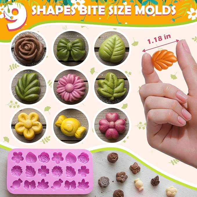 HKNMTT Flower Candy Molds Silicone, Small 9 Shapes Bite Size Chocolate Gummy Jello Gelatin Spring Cute Bow Rose Leaf Dessert Wax Melt Ice Cube Moulds Food Grade Treats Making Oven Safe Kids DIY Set - Image 2