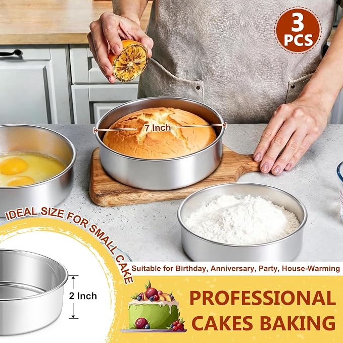 P&P CHEF 7 Inch Cake Pan Set of 3, Stainless Steel Round Cake Baking Pan | Layer Cake Tin Bakeware for Cooking Steaming, Ideal for Birthday Wedding Anniversary, Fit for Home & Commercial Use - Image 2