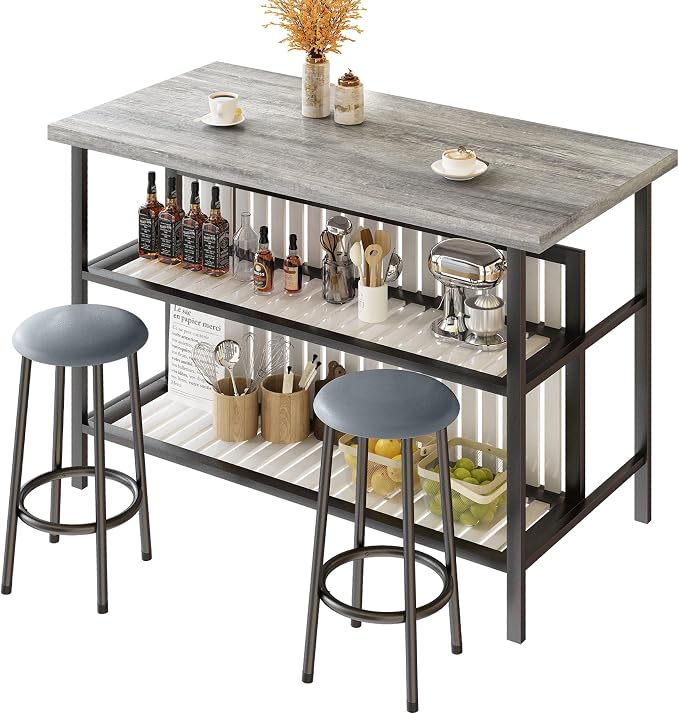 AWQM Kitchen Island with Seating & Storage Shelf, Modern Bar Table and Chairs Set for 2, Wooden Island Table for Kitchen, Dining Table Set for Small Space, Grey by AWQM