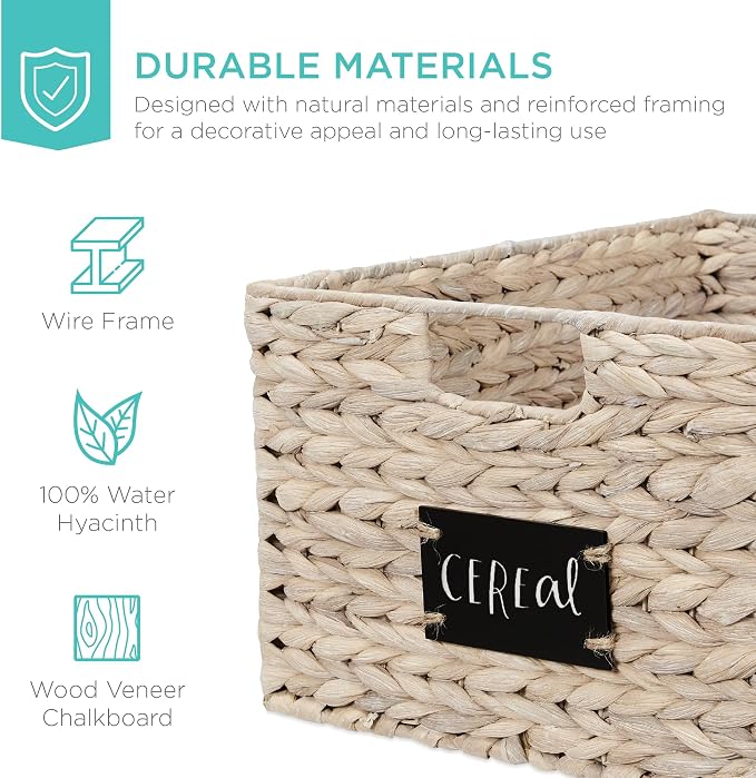 Best Choice Products Pantry Baskets Set of 2 16x12in Water Hyacinth Storage Baskets, Woven Wicker Kitchen Organizers with handles w/Chalkboard Label Chalk Marker - White - Image 5