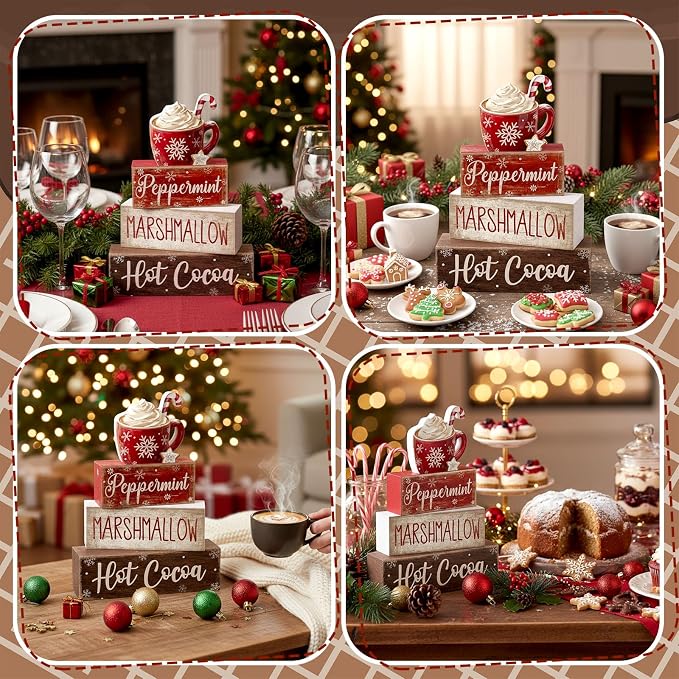 Moucuny 4 Pcs Christmas Table Decor Wooden Hot Cocoa Decoration Christmas Centerpiece Winter Tiered Tray Decor Decorative Red Hot Cocoa Block Signs Farmhouse Xmas Decoration for Home - Image 5