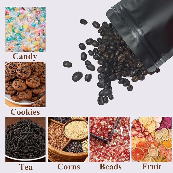 Motomy 100Pcs 6.3x9.4 Inch Stand Up Pouches Black Mylar Bags | Zipper Food Storage Coffee Snacks Baked Food Packaging for Small Business - Image 5