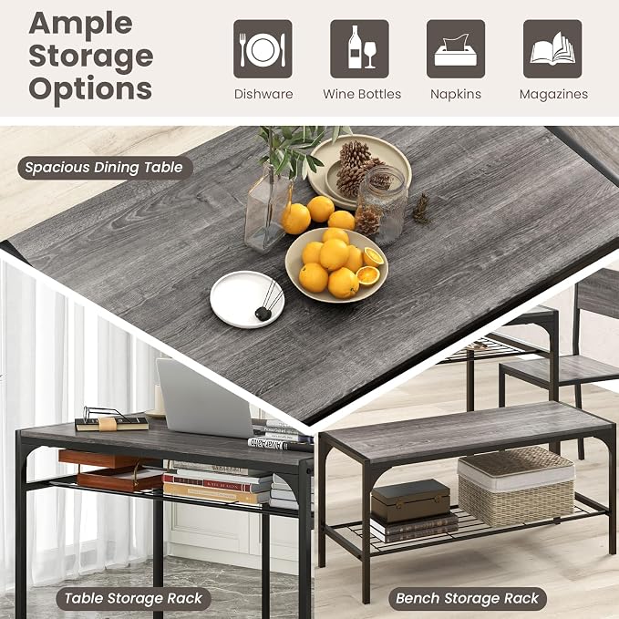 Giantex Dining Table Set for 4, Kitchen Table with Chairs & Bench, Storage Racks, Metal Frame, 4-Piece Space-Saving Dinette Set for Dining Room, Breakfast Nook, Small Space, Apartment, Grey - Image 4
