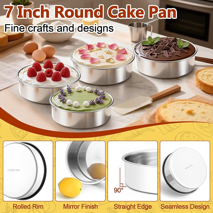 P&P CHEF 7 Inch Cake Pan Set of 4, Stainless Steel Round Cake Baking Pan | Layer Cake Tin Bakeware for Cooking Steaming, Ideal for Birthday Wedding Anniversary, Fit for Home & Commercial Use - Image 3