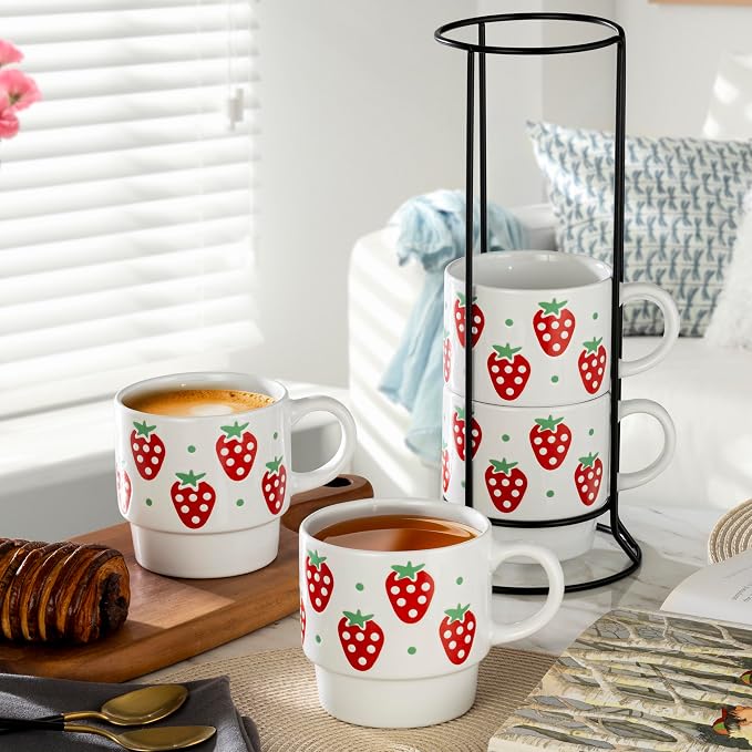 Signature Housewares Stackable Coffee Mug Tower Set with Metal Wire Rack - 15 Ounce Coffee Mugs for Coffee, Tea, Cocoa, Milk, Cappuccino, Hot Chocolate Set of 4 - Strawberry Pattern - Image 4