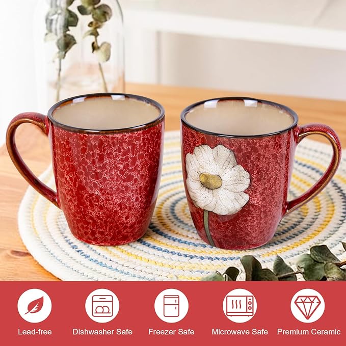 12oz Coffee Mugs Set of 4, Hand-Painted Floral Stoneware Cups with Handle, Dishwasher Microwave Oven Safe, Cappuccino Mugs for Latte, Tea, Espresso & Hot Cocoa, for Home Kitchen & Cafe, Red - Image 4