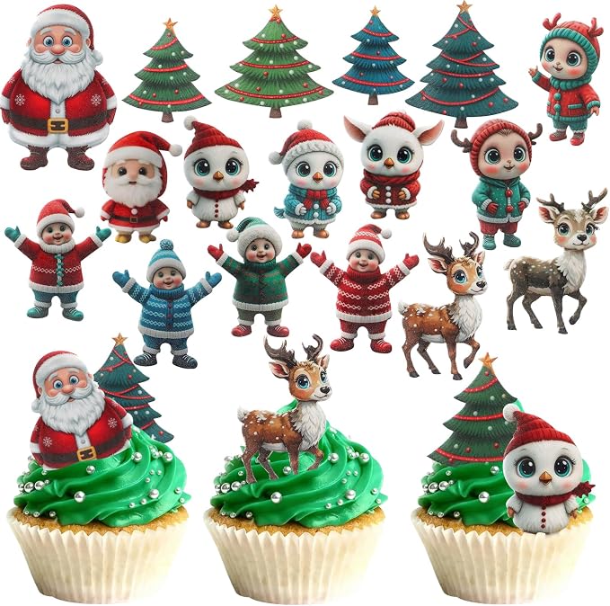 46 PCS Edible Christmas Cake Decorations, Wafer Paper Santa, flowers, bees, maple leaves suitable for Christmas cupcake decoration mix - Image 9