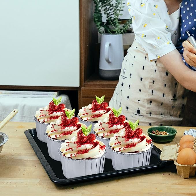 50 Pack Foil Cupcake Liners with Dome Lids,LNYZQUS 5oz Large Cupcake Cups,Disposable Muffin Tins Ramekins Pans Baking Cups Wrappers Holders-Silver - Image 2