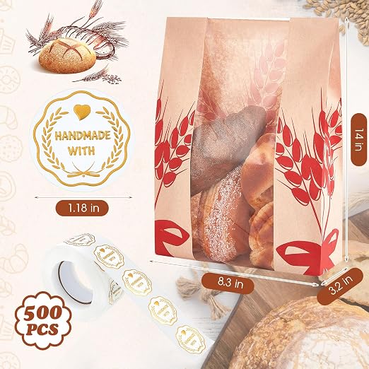 Gueevin 300 Pcs Kraft Paper Bread Bag for Homemade Bread Large Sourdough Loaf Bag with Clear Window Bakery Food Package Storage with 500 Pcs Sticker for Popcorn Cookies, 14x8.3x3.2'' - Image 2