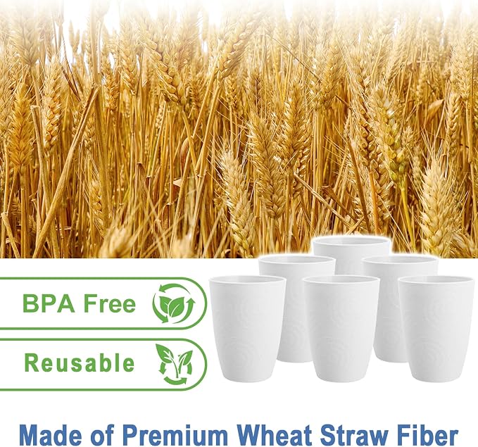 12oz Kids Cups, Wheat Straw Cups Set of 6, Unbreakable Plastic Tumblers, Plastic Drinking Glasses, Dishwasher Safe Plastic Cups for Kitchen, Camping, Party, Dorm, Drinking Cups - White - Image 3