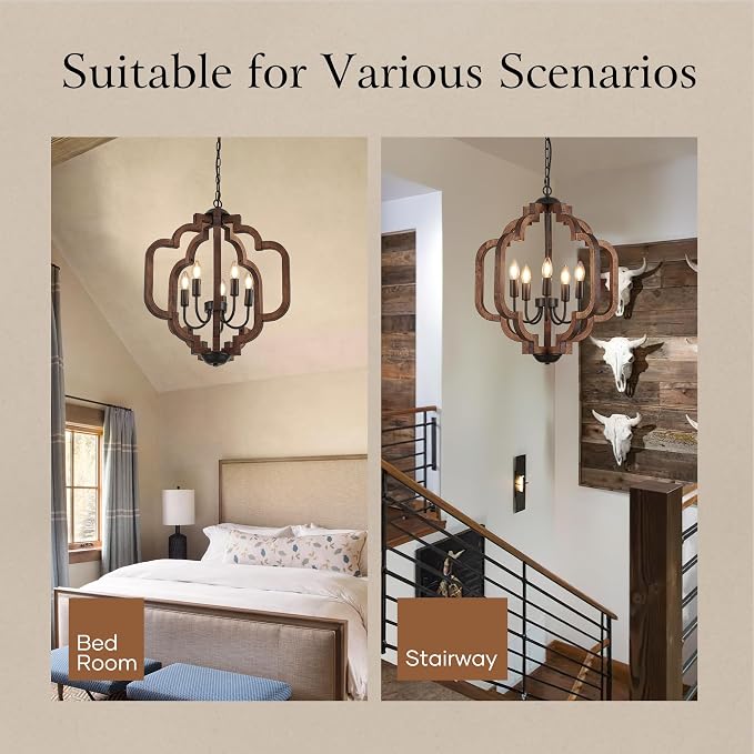 20.5" Farmhouse Vintage Chandelier 5-Light for Dining Room Rustic Handmade Wood Hanging Ceiling Pendant Light Fixture for Entryway Brown Retro Chandeliers for Kitchen Bedroom Foyer Hallway - Image 7