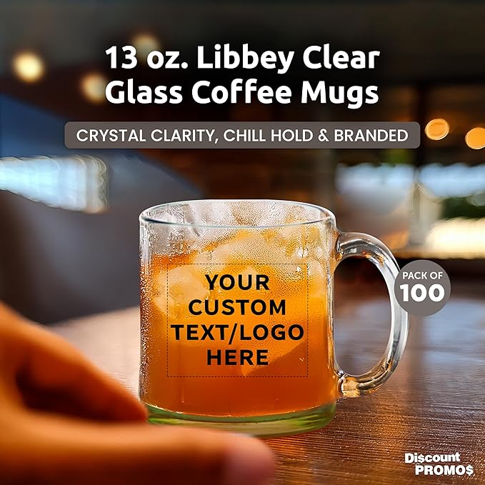 Custom Libbey Clear Glass Coffee Mugs 13 oz. Set of 100, Personalized Bulk Pack - Perfect for Coffee, Tea, Espresso, Hot Cocoa, Other Beverages - Green Bottom