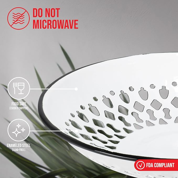 Red Co. Enamelware Metal Classic 9.5 Inch Round Flat Food Strainer Colander, Solid White/Black Rim - Image 3
