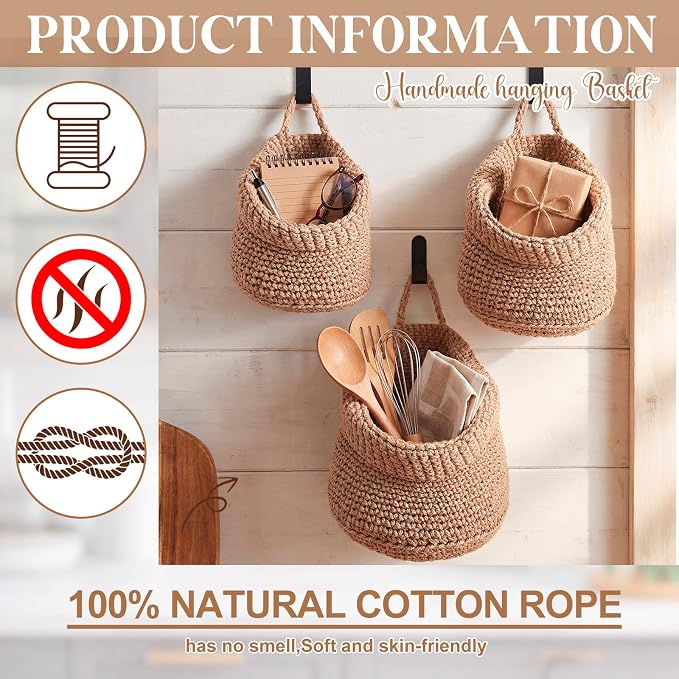 Honeydak Boho Decor Hanging Wall Baskets for Kitchen 3 Pack Teardrop Baskets with Hooks Storage Fruit Onion Vegetable Potato for Home 3 Sizes(Light Linen,Barrel,Cotton Rope) - Image 5