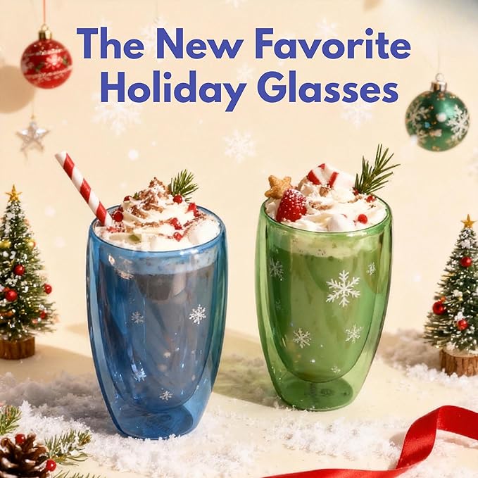 Double Wall Glassware 15oz Insulated Borosilicate Mug for Coffee Tasting Seasonal Brews Home Café Cozy Nights Holiday Gifts in Ocean Blue/Botanic Green