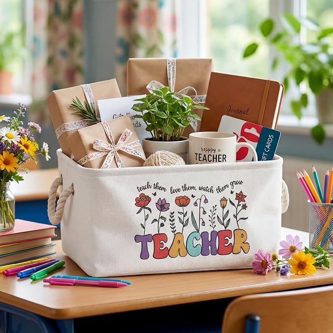 Marsui Teacher Basket Teacher Appreciation Gifts Book Storage Basket Large Foldable Linen Reading Accessories Back to School Teachers Storage Bins Gifts from Student Classroom Office Home - Image 3