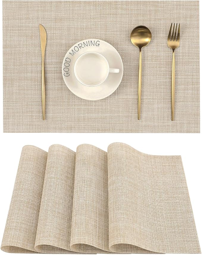 Leetaltree Beige Placemats Set of 4 - Heat-Resistant, Non-Slip Table Mats, Washable Woven Vinyl for Indoor & Outdoor Dining by Leetaltree-ArtatEveryTable