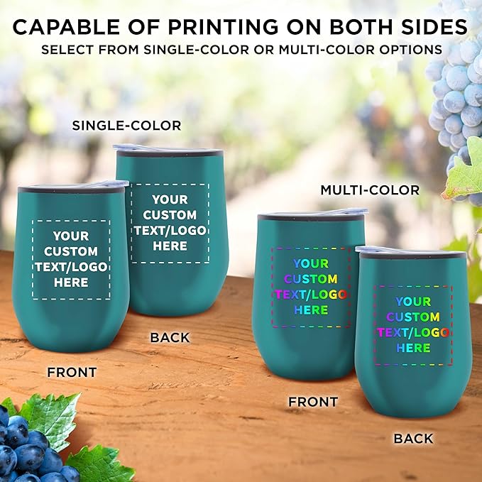 Custom Stemless Wine Tumblers 12 oz. Set of 24, Personalized Bulk Pack - Insulated, Perfect for Wine, Cocktails, Other Hot & Cold Beverages - Teal