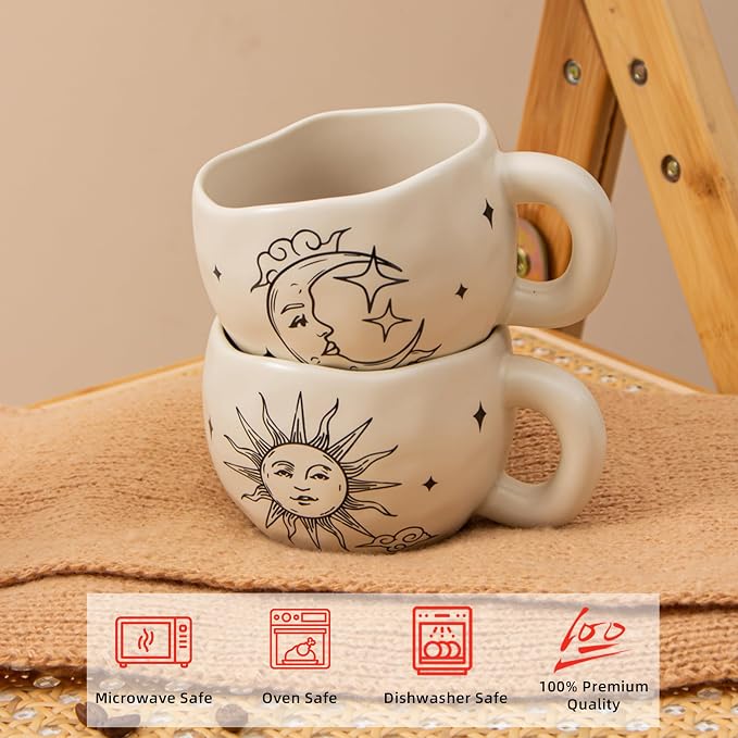 4pcs Boho Style Ceramic Moon and Sun Mugs, 9.4OZ Cute Coffee Cup Set, Matte Cream Color, Dishwasher Safe, Gift for Women/Couples - Image 2