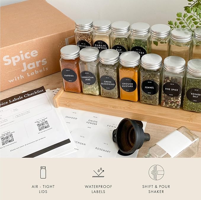 FINESSY Minimalist Spice Jars with Labels, Airtight Metal Lids 4oz 36 Pack | Empty Spice Jars With Sift / Pour Shaker Inserts, Airtight Lids, Waterproof Labels (200 Pre-Printed, 40 Blank) And Funnel - Image 4