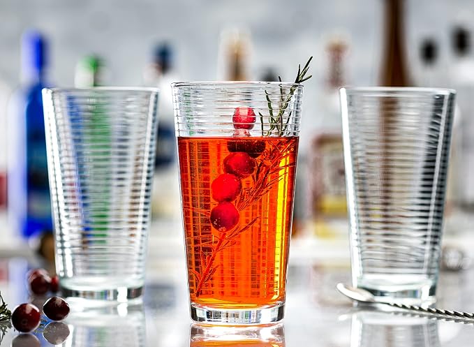 Le'raze Set of 16 Heavy Base Ribbed Durable Drinking Glasses Includes 8 Cooler Glasses (17oz) and 8 Rocks Glasses (13oz), Clear Glass Cups - Elegant Glassware Set - Image 6