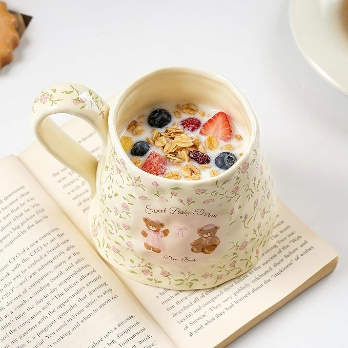 Cute Large Ceramic Coffee Mug Teddy Bear for Women, 20oz Girly Floral Mugs with Big Handle, Oversized Yellow Flower Cups for Birthday - Image 6