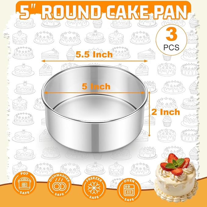 E-far 5 Inch Cake Pan Set of 3, Stainless Steel Small Round Baking Pans Tins for Layer Smash Birthday Cakes, Dishwasher & Oven Safe, Healthy & Non-toxic, Leak Proof & Mirror Polished - Image 2