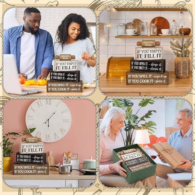Moucuny 4 Pcs Rustic Wooden Table Decor Farmhouse Kitchen Rules Wood Sign Black Brown and White Centerpiece Rolling Pin Block Sign for Home Living Room Dining Room Shelf Table Decor - Image 5