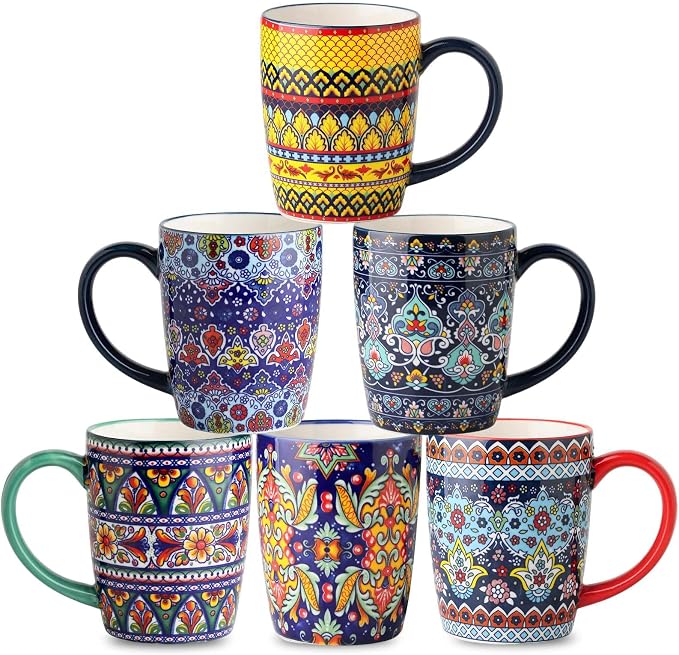 glowworm Ceramic Coffee Mugs Set of 6, 16 oz Mug with Handle, Bohemian | Milk,tea, Large Coffee Cups for Latte Cappuccino, Milk Colorful Cup for Mom Dishwasher & Microwave Safe by GLOWWORM