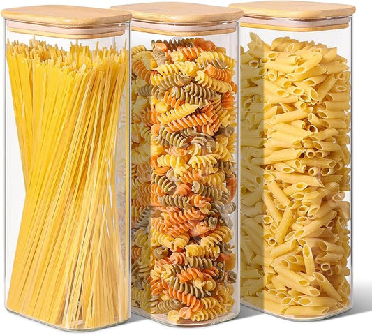 ComSaf Pasta Containers Storage 2.2 Qt, Set of 3 Tall Glass Spaghetti Jar | Rectangle Kitchen Canisters, 11.3-Inch Tall Jars,Pantry Organizers, Dry Food Storage Containers 70oz, Flour, Cereal, BPA Free by ComSaf