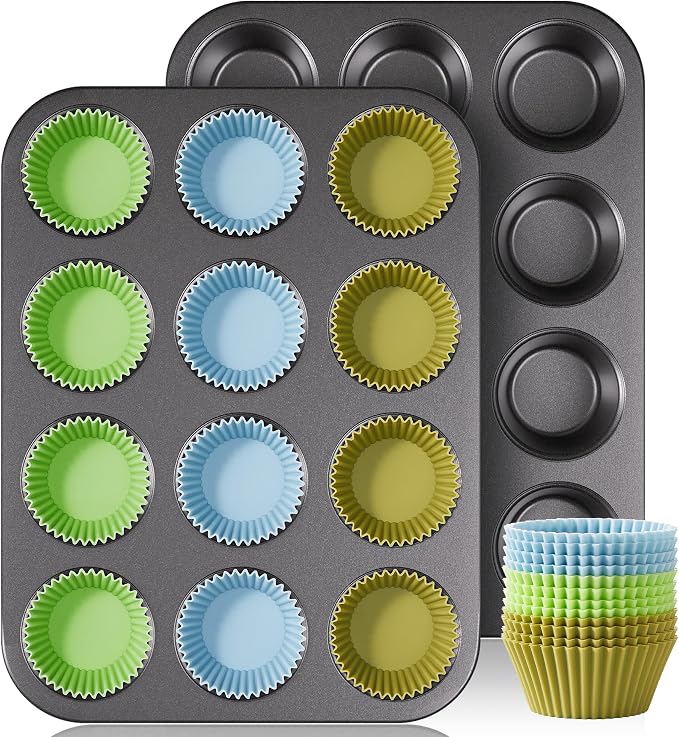 Non-Stick Muffin Pans, Cupcake Pan with Silicone Baking Cups, 2 Pack Non toxic Healthy Muffin tin, Heavy duty-Dark Grey by HONGBAKE