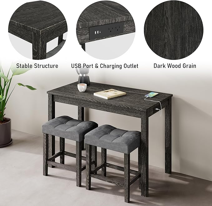 allamazing 3-Piece Counter Height Bar Table Set with Socket and 2 Fabric Padded Bar Stools, Tall Kitchen Breakfast Dining Table Set with Stools (1+2 Black) - Image 3