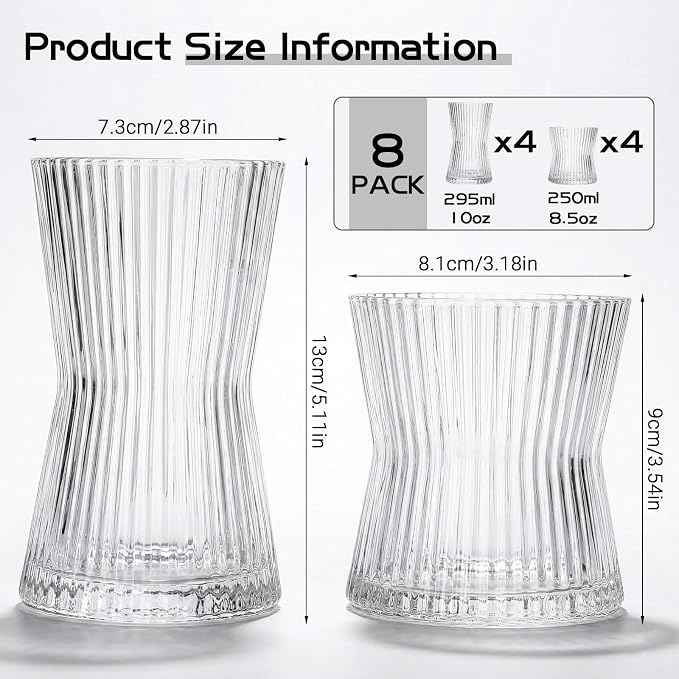 JOVGANK Drinking Glasses Set of 8 – Lead-Free Crystal Glassware, 4 Tall 10oz & 4 Short 8.5oz Vintage Ribbed Tumbler Glasses, Dishwasher Safe, for Juice Beer Cocktails, Great Housewarming Gift, Set B - Image 2
