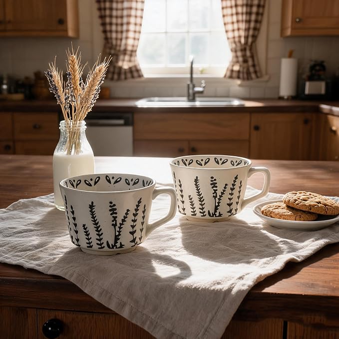 4 Pack 12oz Speckled Stoneware Coffee Mugs, Vintage Black Seaweed Botanical Ceramic Tea Cups, Rustic Hand Drawn Floral Drinking Mugs, Microwave Dishwasher Safe, Gift Set for Coffee Lovers - Image 8