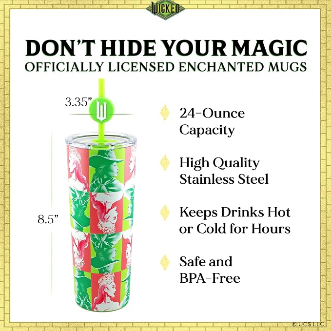 Dragon Glassware x Wicked Stainless Steel Tumbler, 24 oz - Portraits | Vacuum Insulated Wicked Cup with Lid & Straw For Water & Iced Tea; With Straw Charm; Official Wicked Merch - Image 3